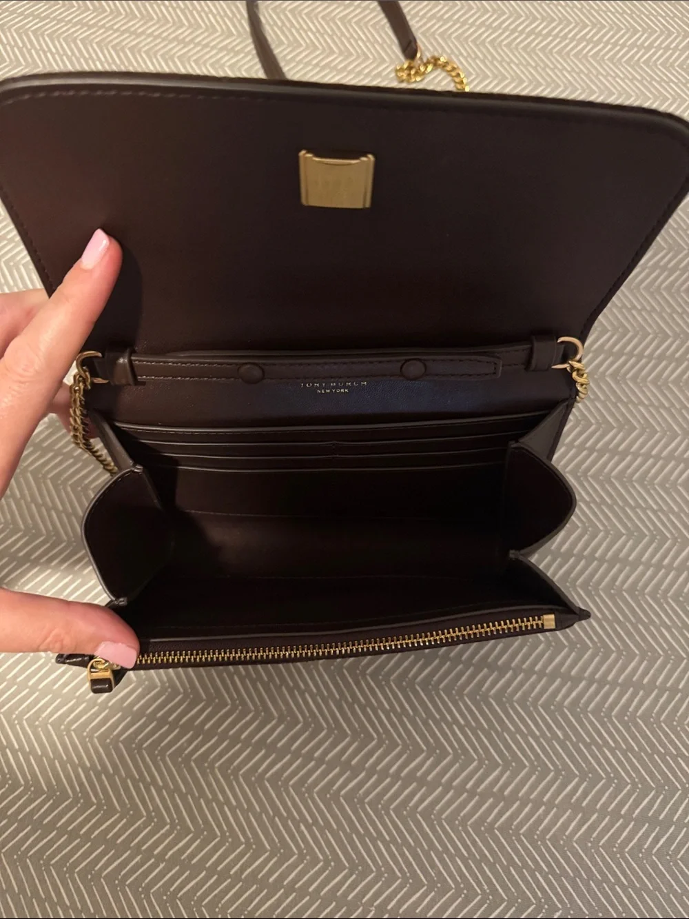 Tory Burch Willa Suede wallet on a chain.